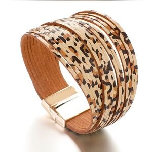 Leopard Print Multi-Layer Faux Leather Bracelet – Magnetic Clasp Cuff